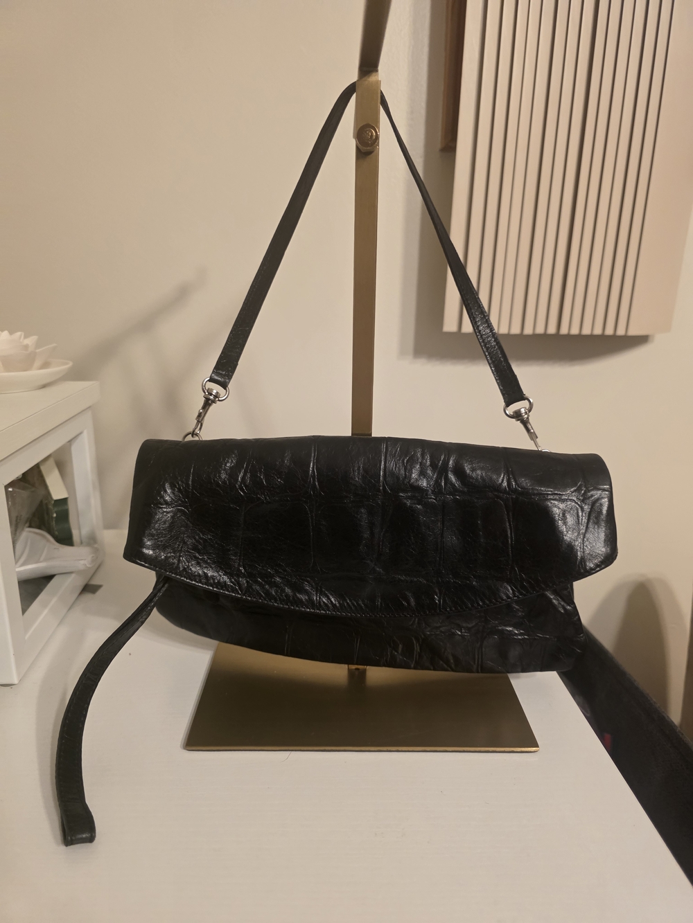 Black Leather Foldover Clutch Wristlet